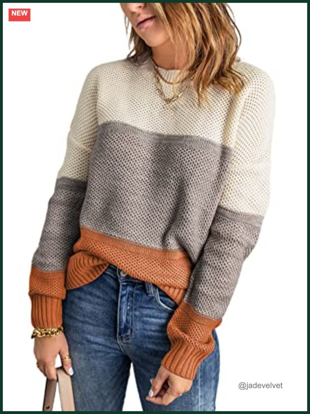 Womens Color Block Long Sleeve Knit Pullover Sweater Crewneck Fall Top